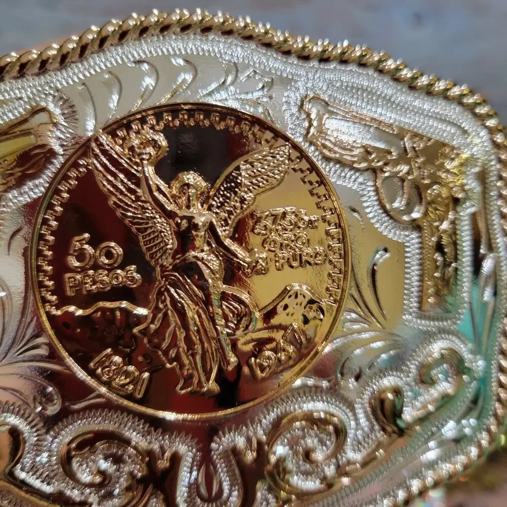 Centenario Cowboy Belt Buckle Western HebillaSilver & Rosetone Faux 50 Peso